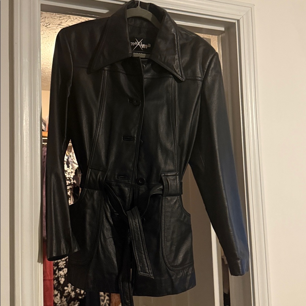 Maxima Black Leather Coat with Belt